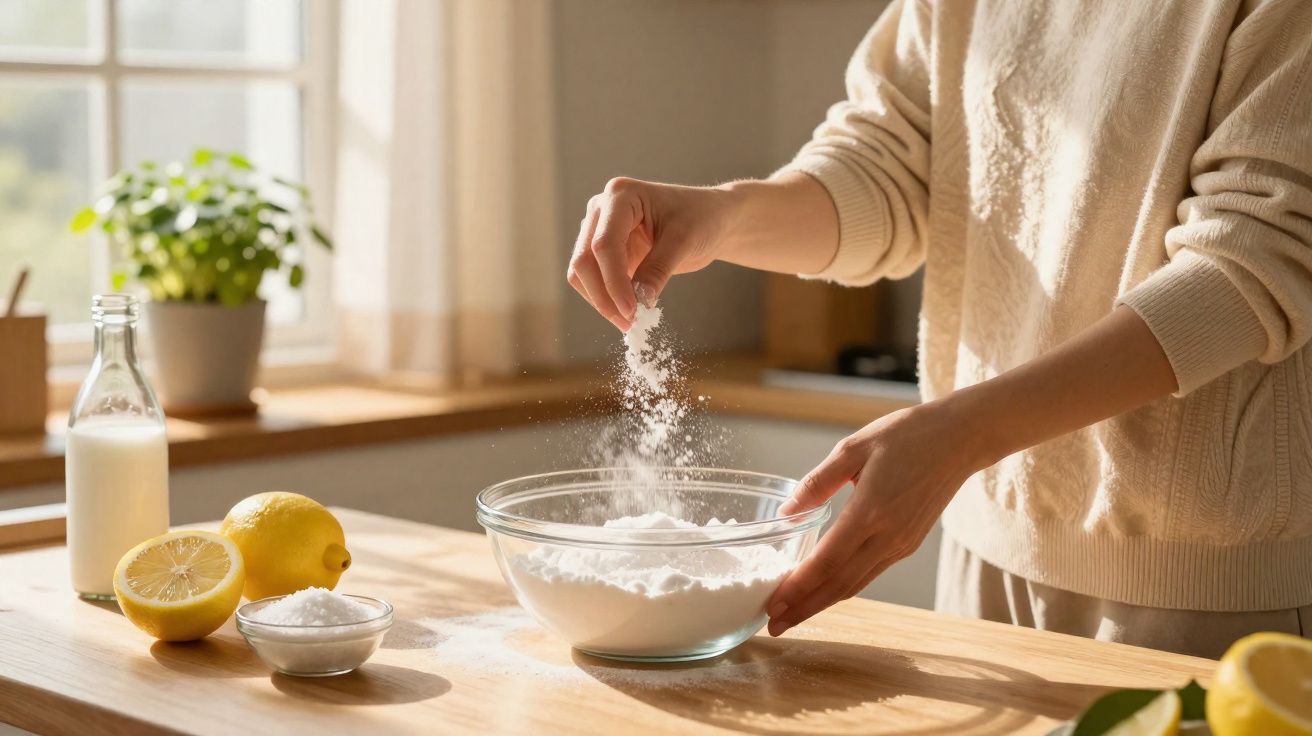 Personne ajoutant un ingrédient dans un bol en verre sur une table en bois dans une cuisine lumineuse.