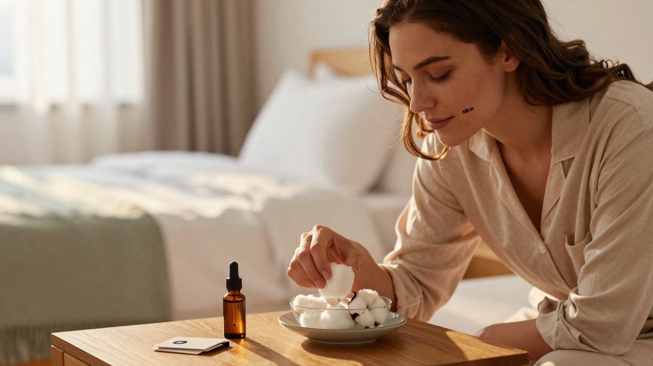 Femme assise au lit, tenant un coton dans une main, avec un flacon d'huile posée sur une table en bois.