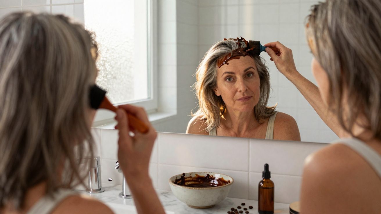 Femme appliquant un masque capillaire chocolaté devant un miroir dans une salle de bain lumineuse.