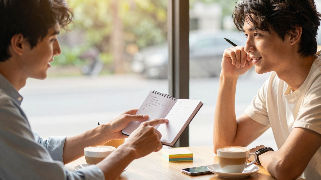 Deux hommes discutent dans un café, l’un montre un carnet tandis que l’autre écoute attentivement.