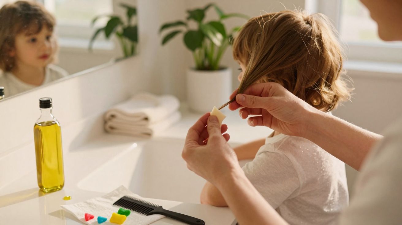 Un adulte coiffe les cheveux d’un enfant près d’un lavabo avec un miroir, un peigne et des accessoires colorés.