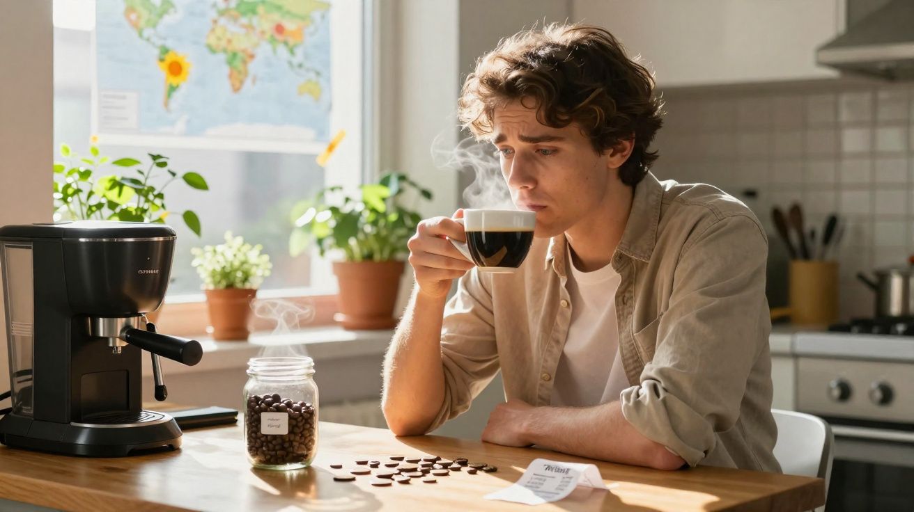 Jeune homme buvant un café chaud à table avec machine à café, grains de café et carte du monde en arrière-plan.