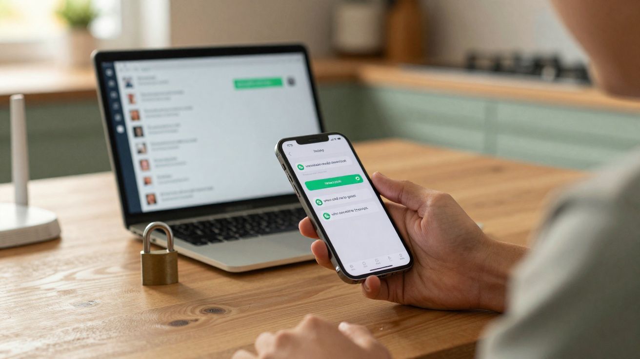 Personne tenant un smartphone avec application ouverte à côté d’un ordinateur portable et d’un cadenas sur une table en bois.