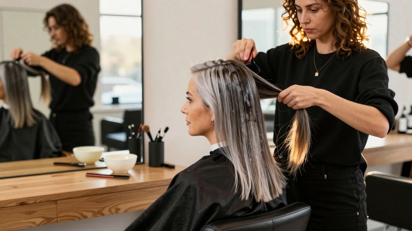 Coiffeuse coiffant une femme aux cheveux longs gris dans un salon de coiffure moderne.