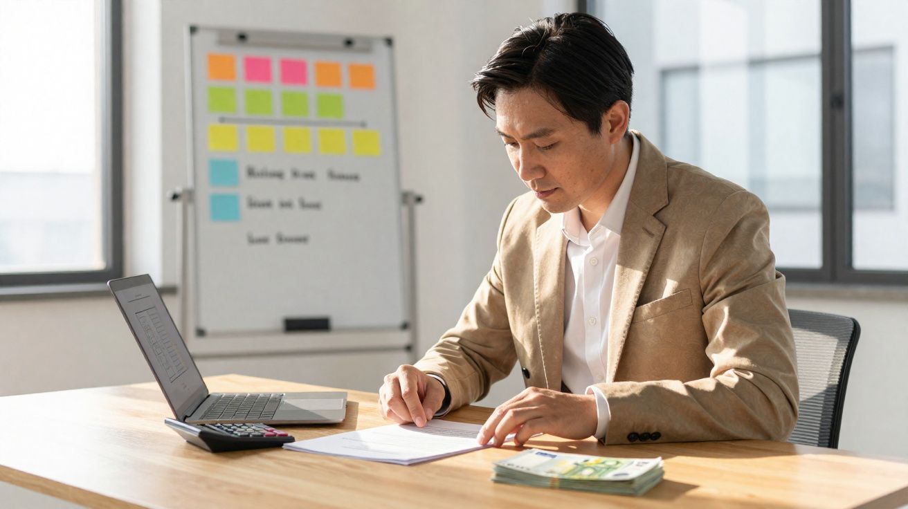 Homme en veste beige travaillant à un bureau avec ordinateur, calculatrice, documents et billets d'euros.
