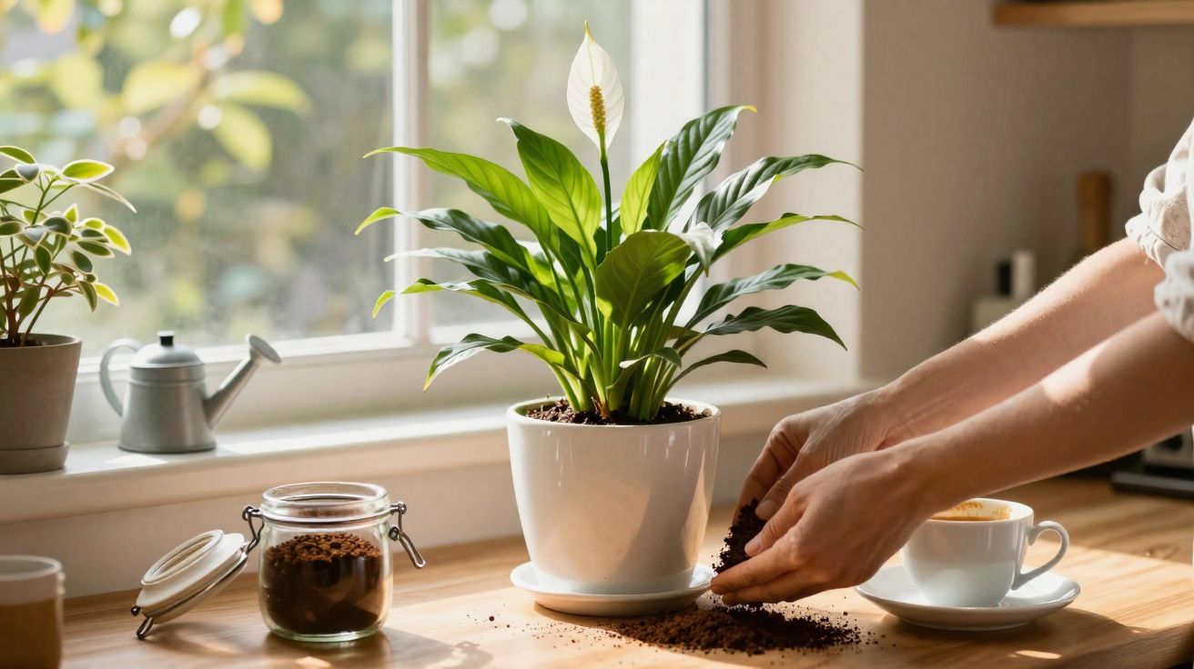 Personne rempotant une plante verte avec une fleur blanche sur une table en bois près d'une fenêtre.