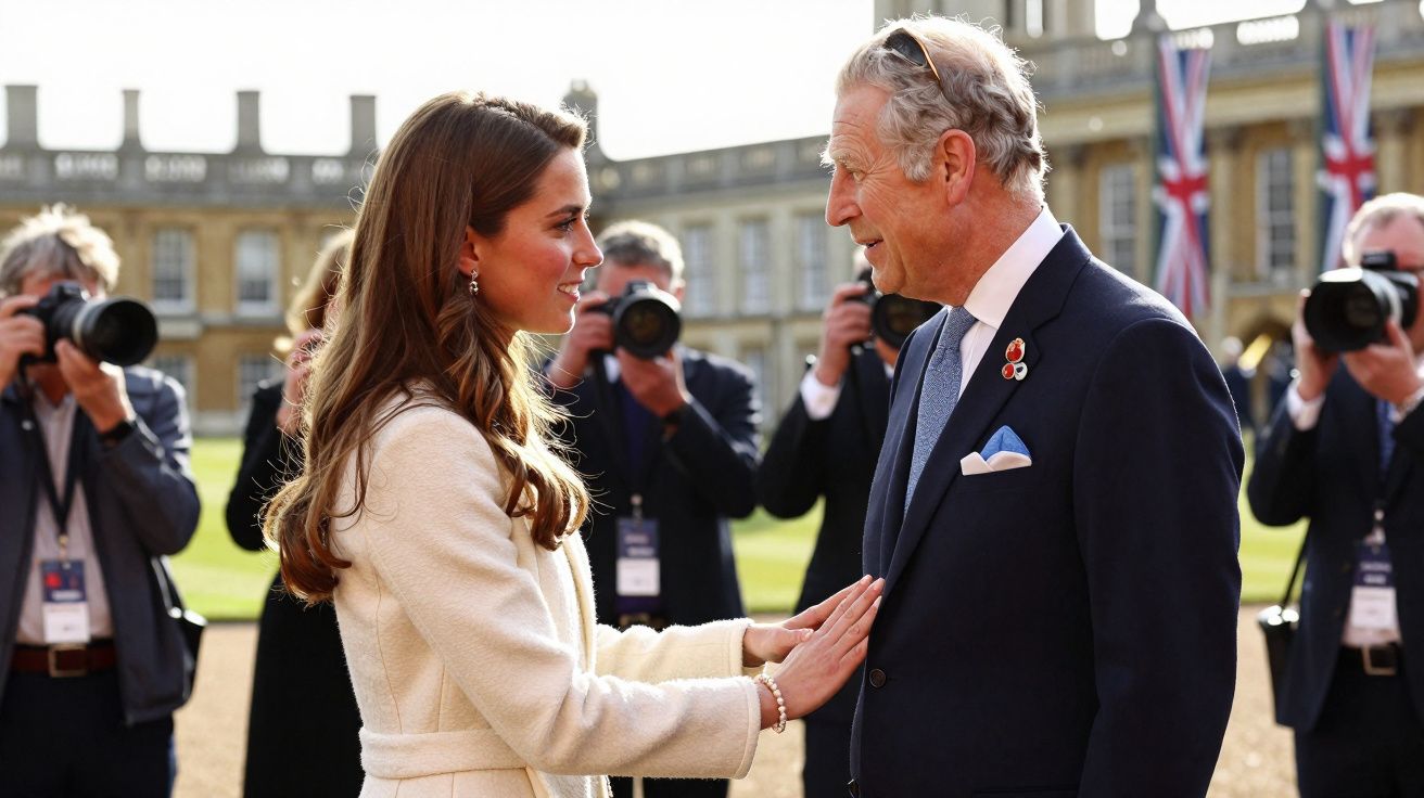 Kate Middleton en manteau blanc serre la main au roi Charles III sous les flashes des photographes.