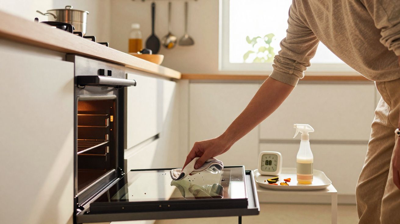 Personne nettoyant la porte du four ouverte dans une cuisine lumineuse et moderne.