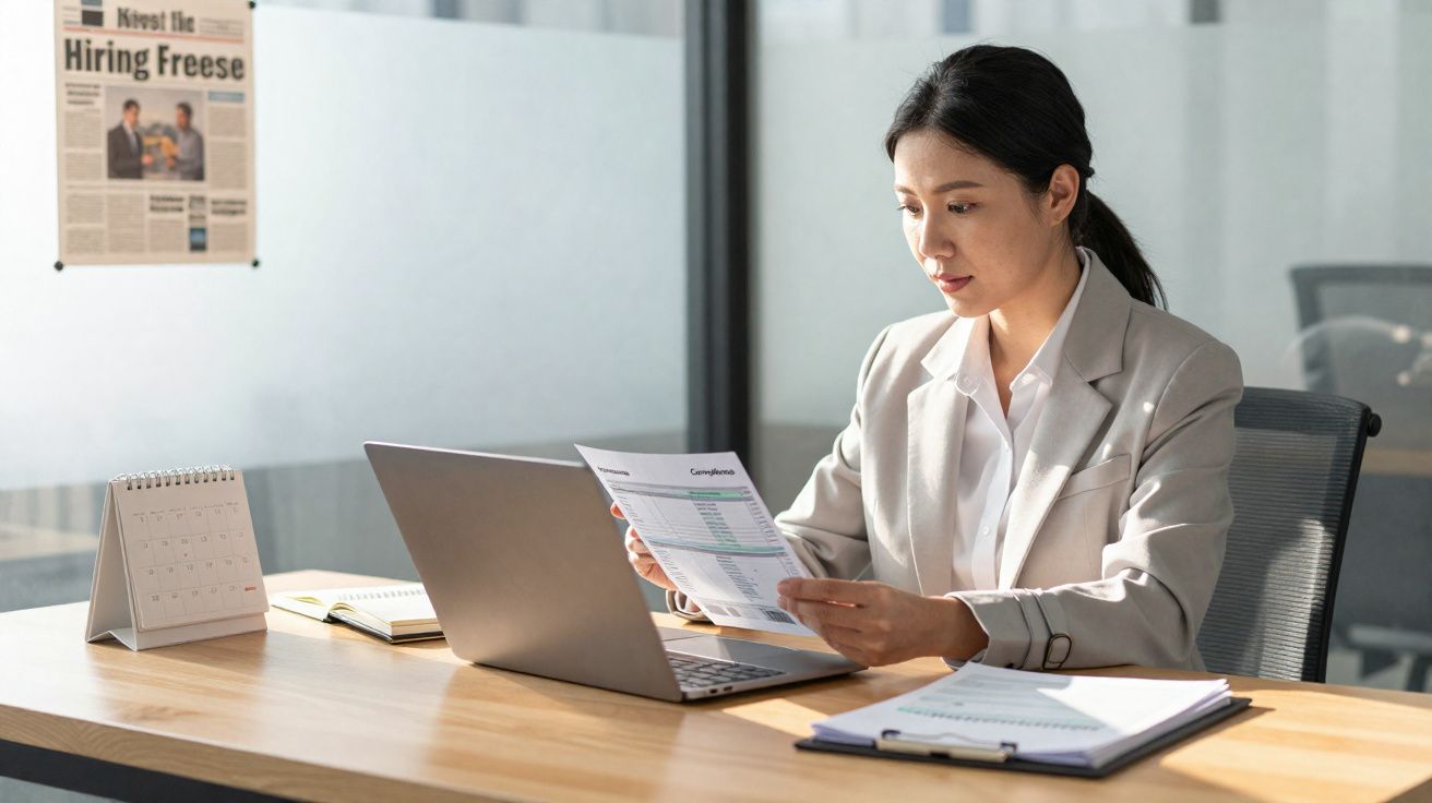 Femme d'affaires lisant un document assise à un bureau avec un ordinateur portable et un calendrier.