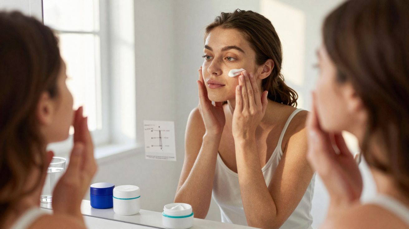 Femme appliquant une crème hydratante sur le visage devant un miroir dans une pièce lumineuse.