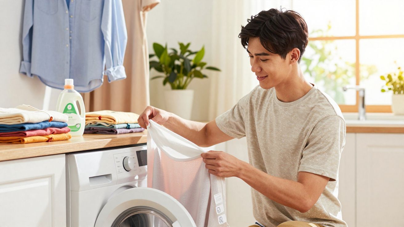 Jeune homme souriant chargeant du linge blanc dans une machine à laver dans une buanderie lumineuse.