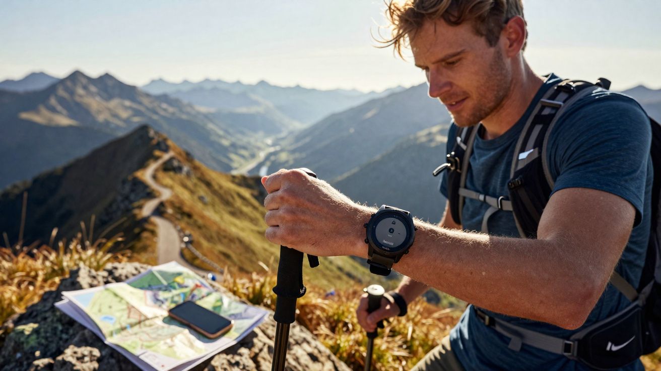 Homme en tenue de randonnée consulte sa montre GPS en montagne, carte et téléphone posés sur un rocher.
