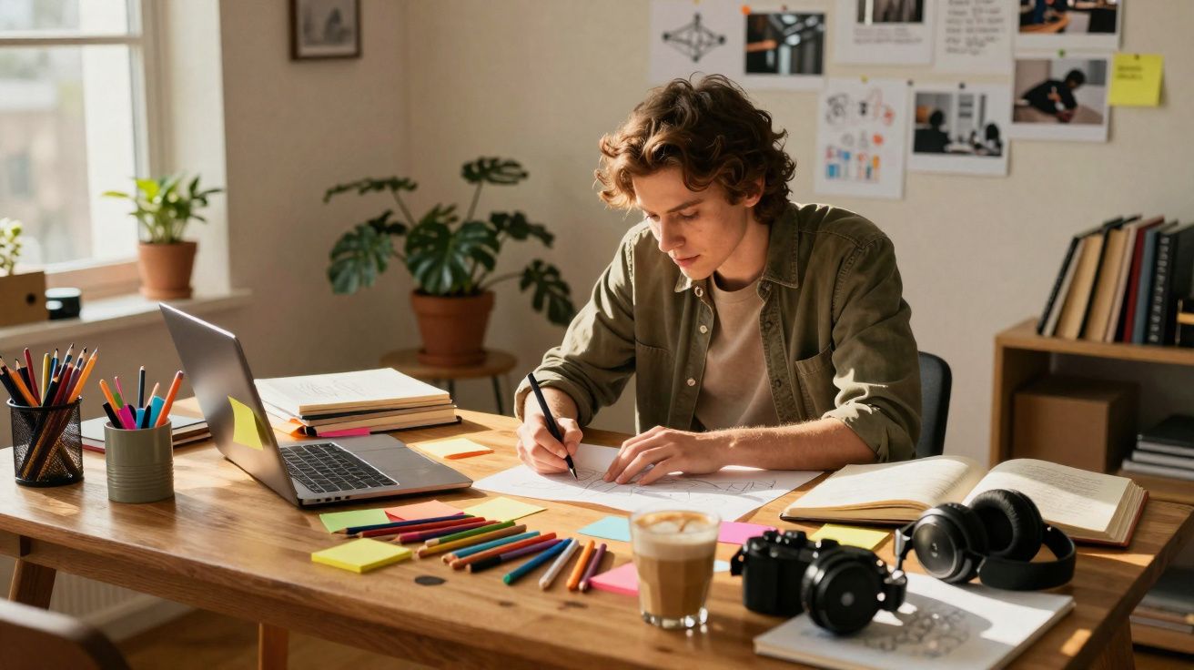 Jeune homme concentré dessinant à une table avec ordinateur, crayons de couleur et casque audio dans une pièce lumineuse.
