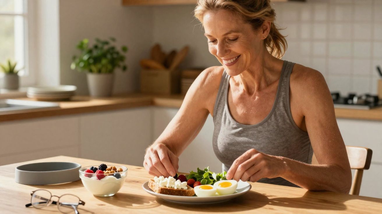 Femme souriante préparant une assiette saine avec œufs, légumes et pain dans une cuisine lumineuse.