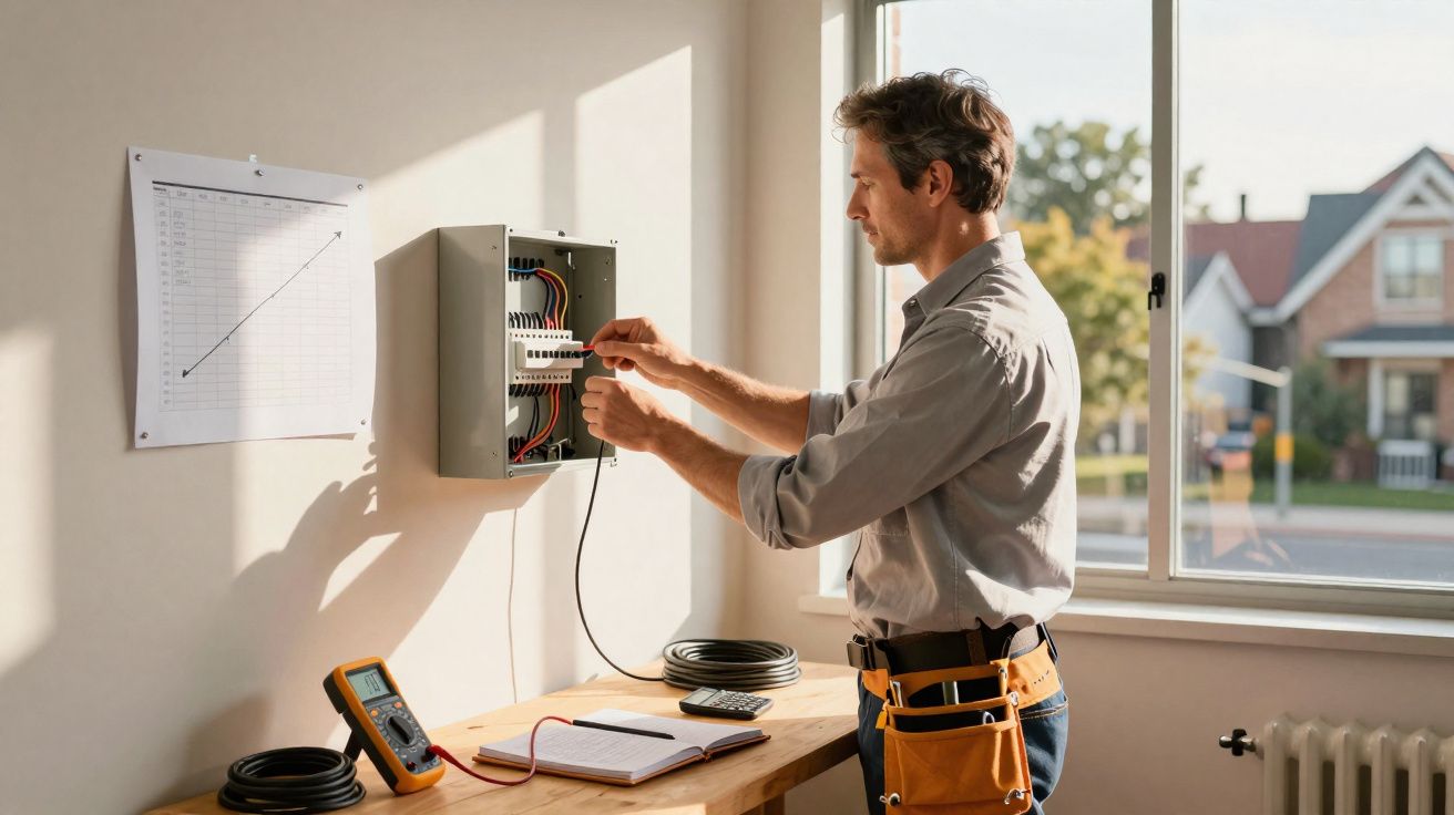 Homme travaillant sur un tableau électrique avec des outils sur une table à côté d'une fenêtre lumineuse.