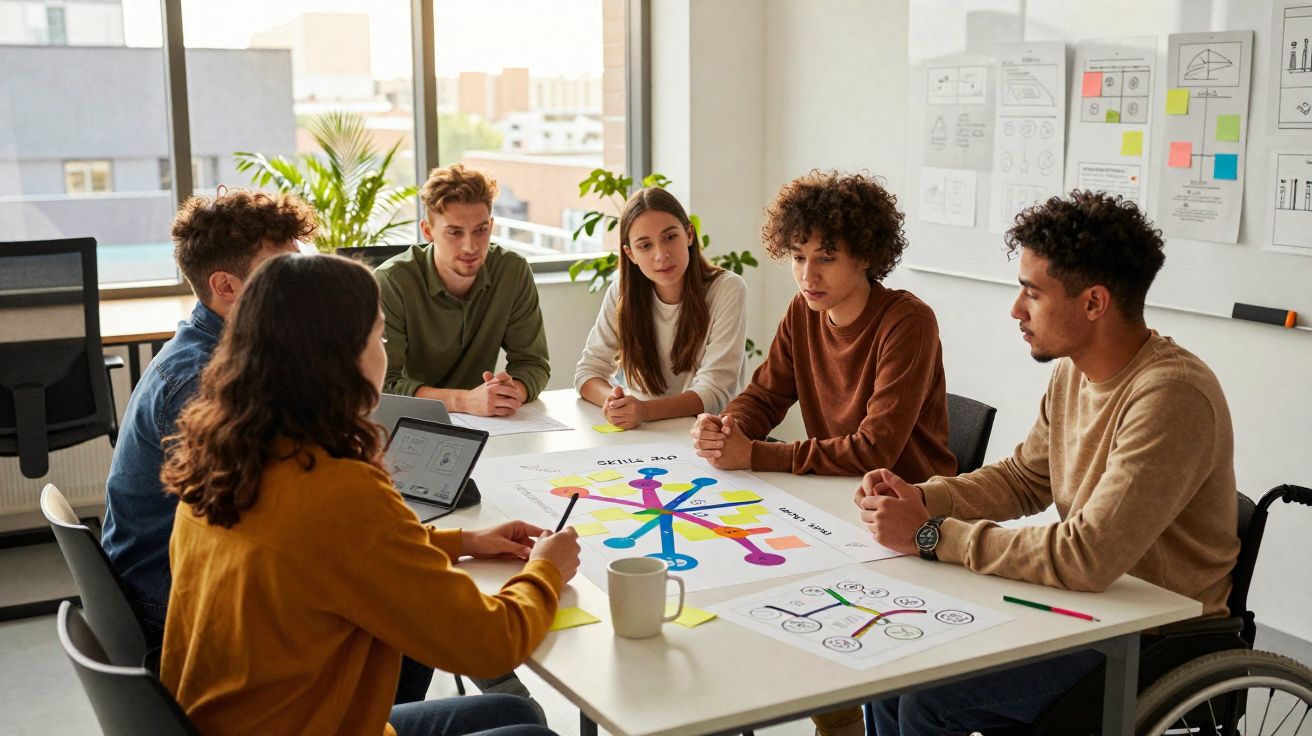 Un groupe de jeunes adultes discutant autour d'une table avec des documents et un ordinateur portable.