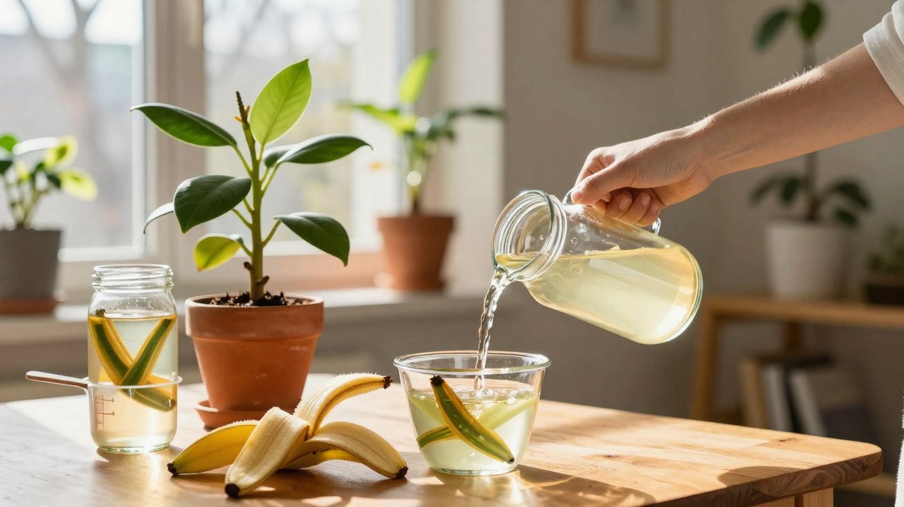 Main versant une boisson citronnée avec des tranches de fruit dans un verre sur une table en bois près d'une plante.