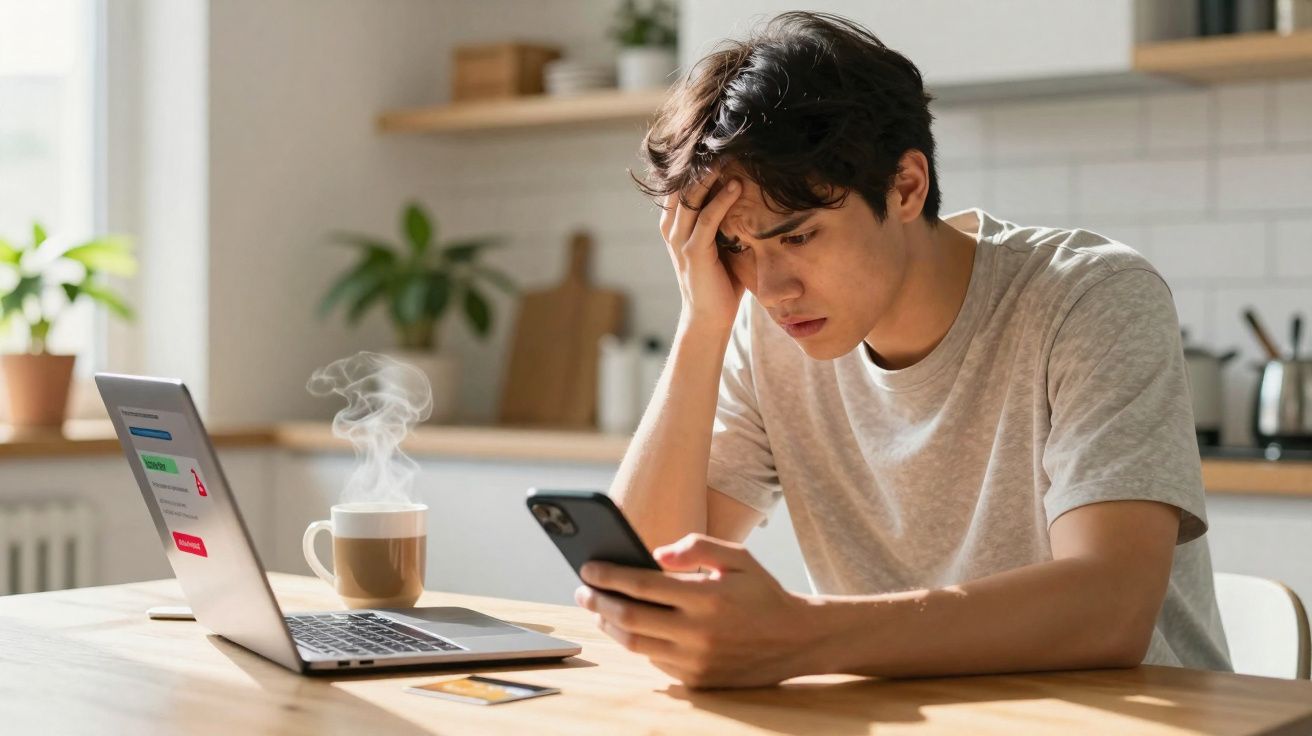 Jeune homme stressé regardant son téléphone portable à une table avec un ordinateur et un café fumant.