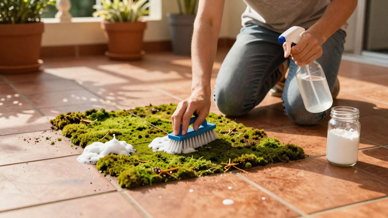 Personne nettoyant de la mousse verte sur un carrelage avec une brosse, un spray et un pot de poudre blanche.