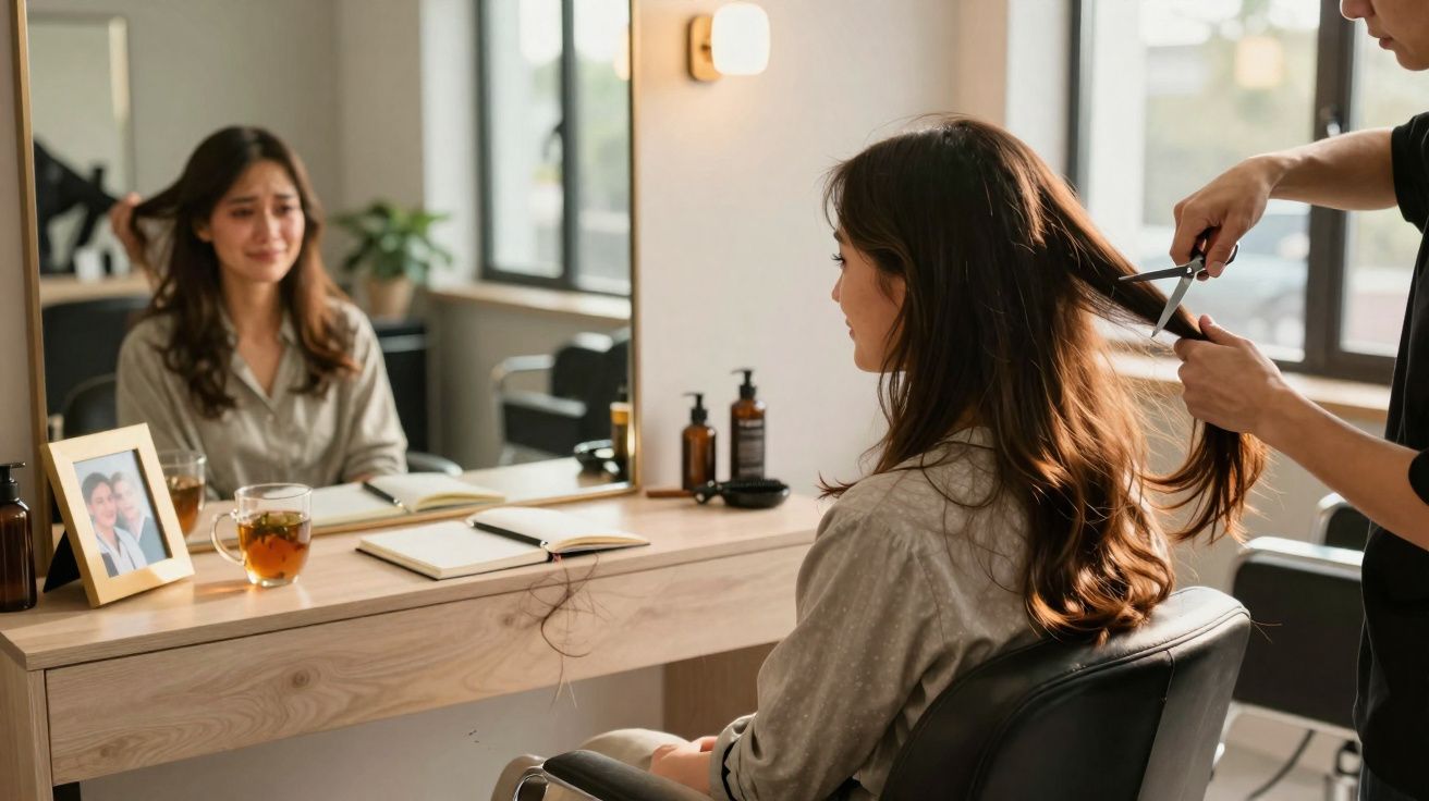 Jeune femme triste assise chez le coiffeur, prête à se faire couper les cheveux, reflet dans le miroir flou.