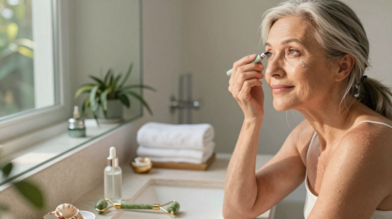 Femme souriante utilisant un rouleau de jade sur le contour de ses yeux dans une salle de bain lumineuse.