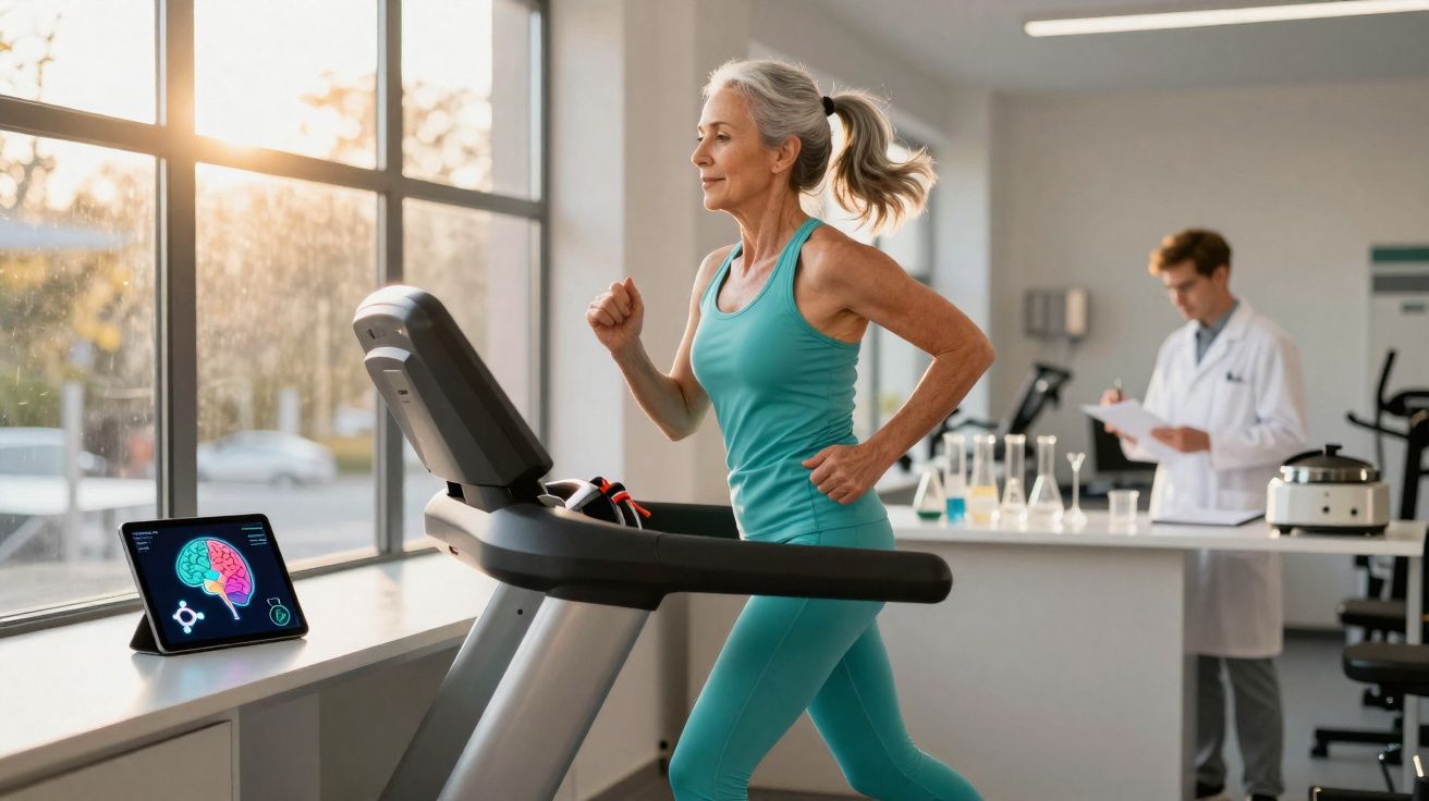 Femme sportive courant sur tapis roulant avec un scientifique en blouse observant des données sur la santé cérébrale.