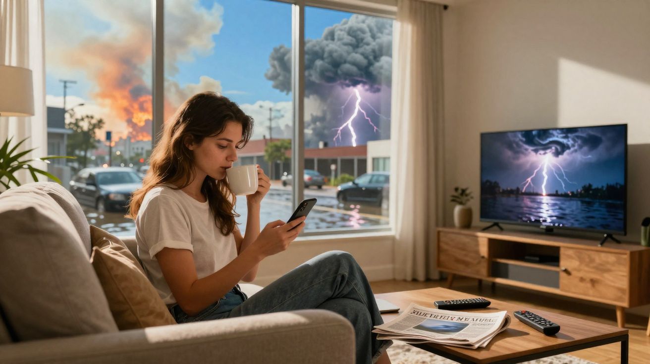 Une femme boit un café et regarde son téléphone dans un salon, une tempête avec éclairs et un incendie sont visibles à l'exté