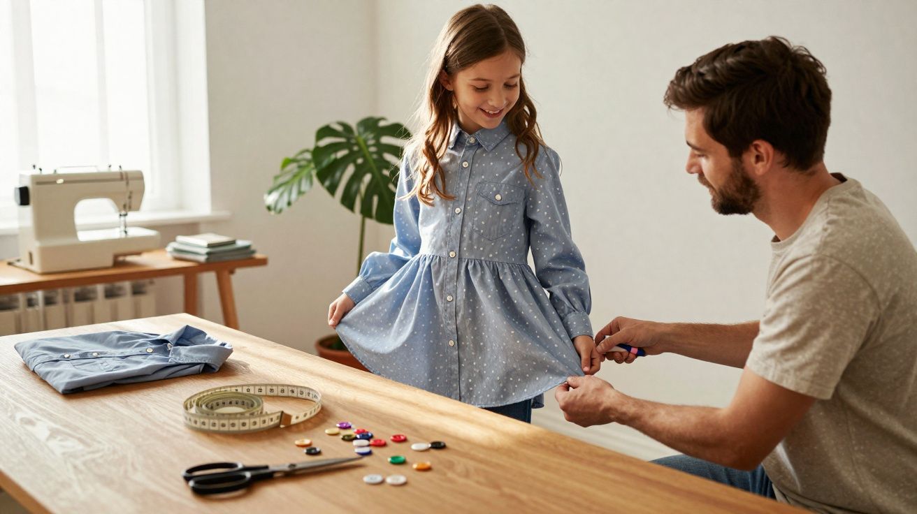 Un homme mesure la taille d'une robe bleue portée par une jeune fille souriante dans un atelier lumineux.
