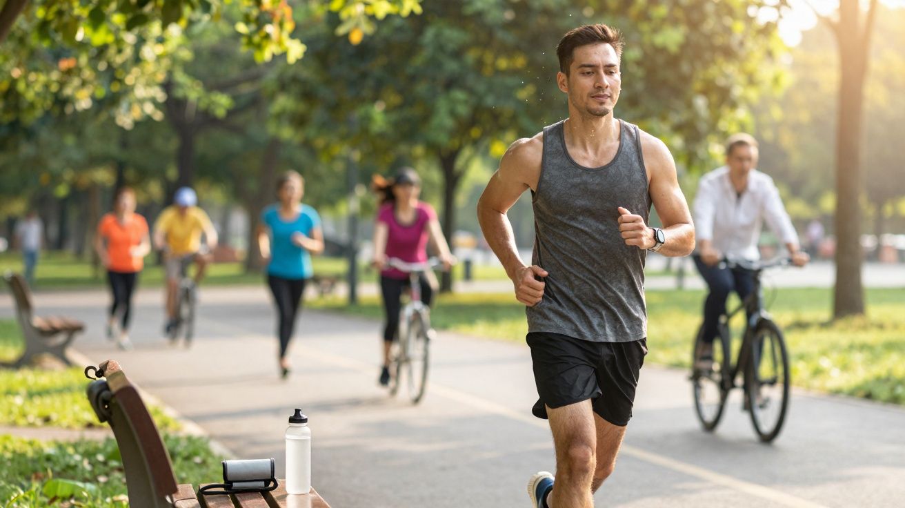 Homme courant dans un parc au matin avec des personnes faisant du vélo et du jogging en arrière-plan.