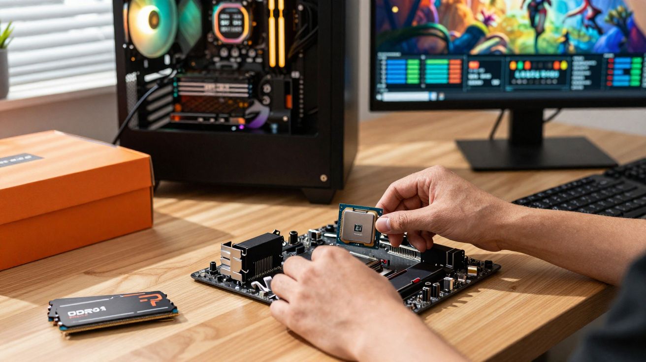 Une personne installe un processeur sur une carte mère avec un PC monté et écran allumé en arrière-plan.
