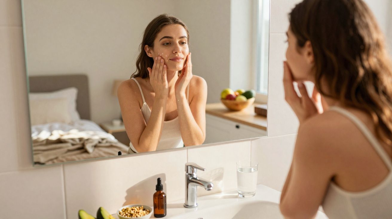 Jeune femme appliquant une crème sur son visage devant le miroir dans une salle de bain lumineuse.
