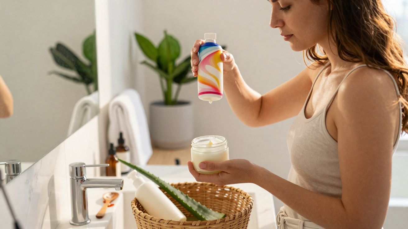 Femme tenant un flacon de lotion colorée près d’un pot de crème dans une salle de bain lumineuse.