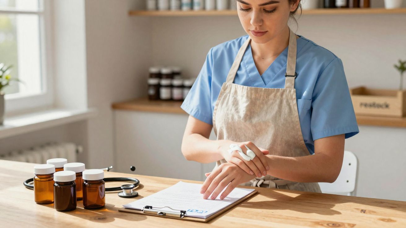 Jeune pharmacienne préparant des médicaments avec un stéthoscope et un dossier sur une table en bois.