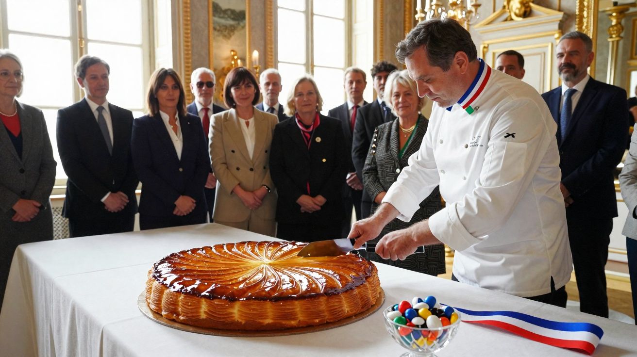 Un chef en veste blanche coupe une grande galette des rois devant un groupe de personnes dans une salle élégante.