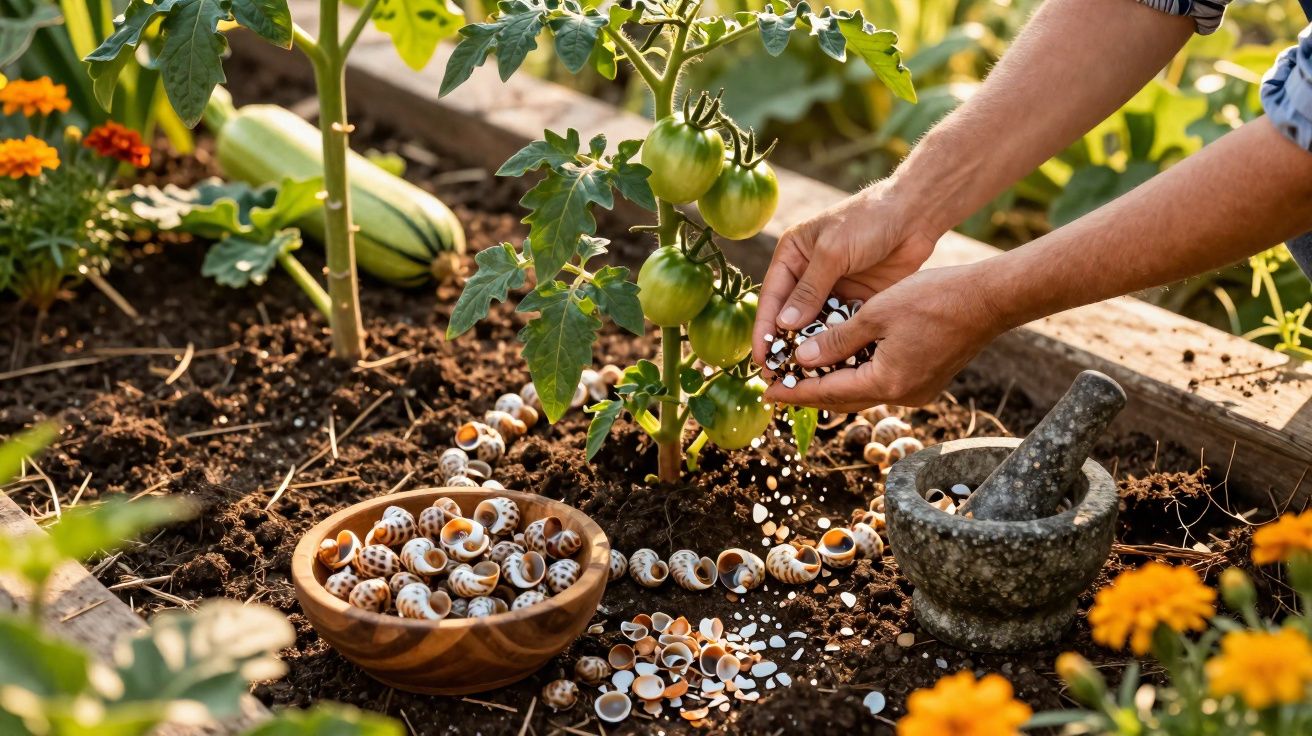 Une personne applique du biochar à base de coquilles d’escargots au pied d’un plant de tomates vertes.