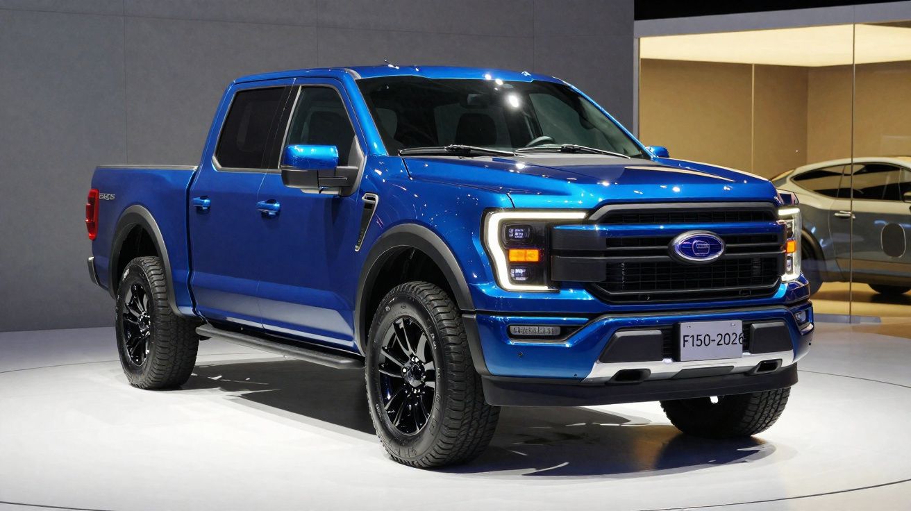 Pick-up Ford F-150 bleu électrique exposé sur un podium intérieur, avec jantes noires et éclairage LED.