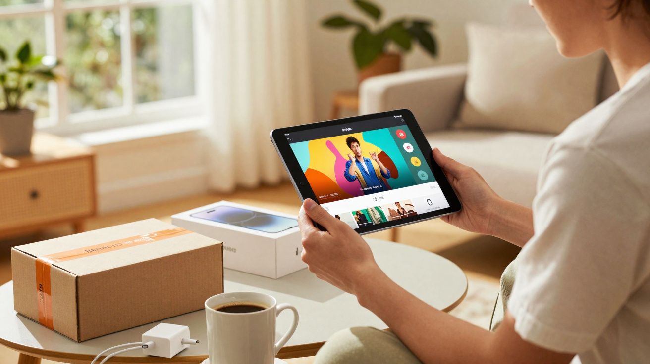 Personne utilisant une tablette devant une table avec café, chargeur et boîtes de produits technologiques.