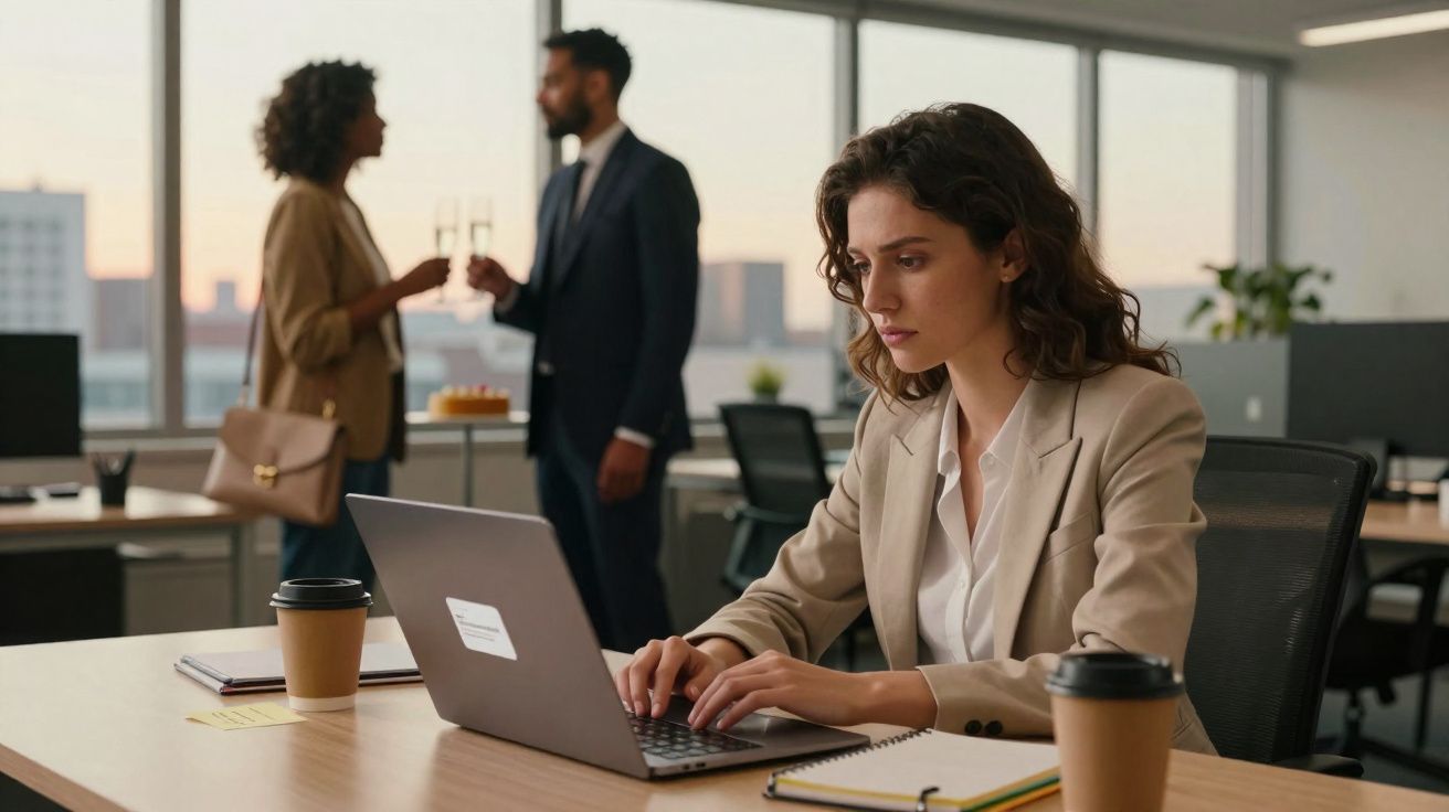 Femme concentrée travaillant sur ordinateur portable dans un bureau, collègues discutant en arrière-plan.