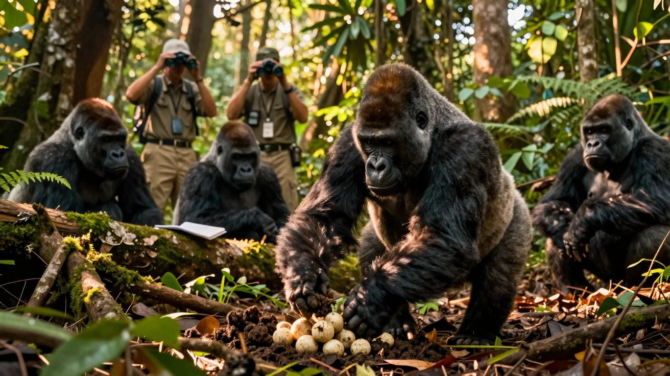 Un groupe de gorilles dans la forêt, un gorille ramasse des œufs avec deux observateurs en arrière-plan.