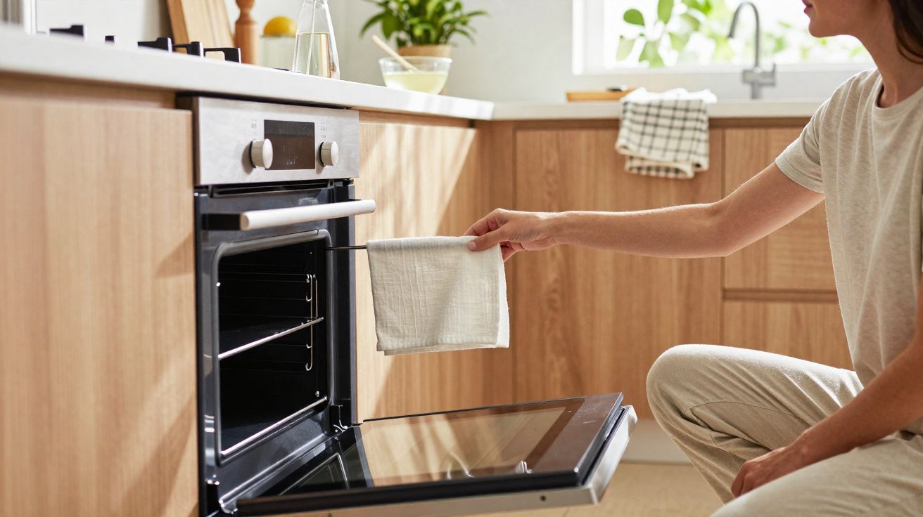 Personne en préparation dans une cuisine moderne avec un four ouvert et un torchon à la main.