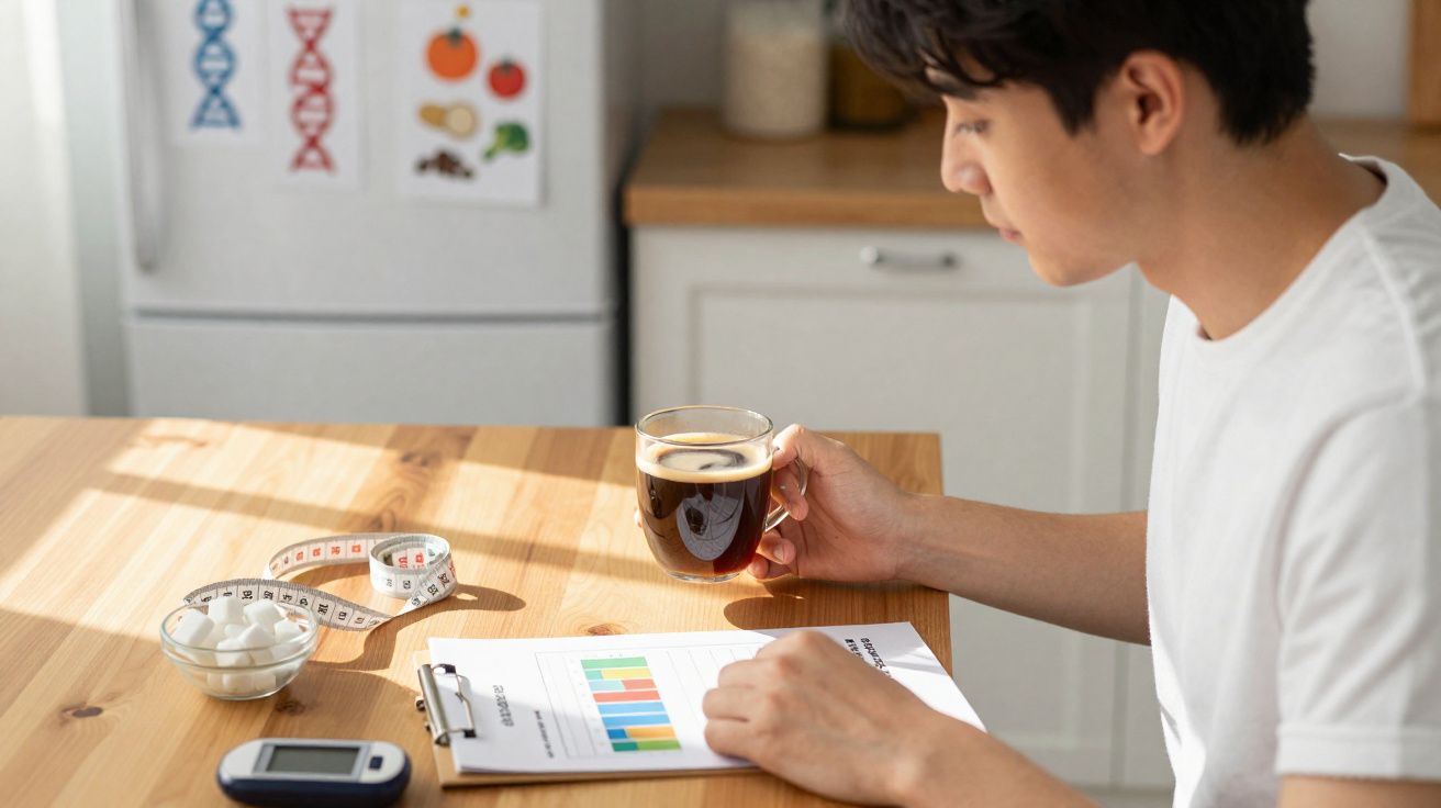 Homme assis à une table avec un café, tenant un graphique, un mètre ruban, un bol de sucre et un glucomètre.