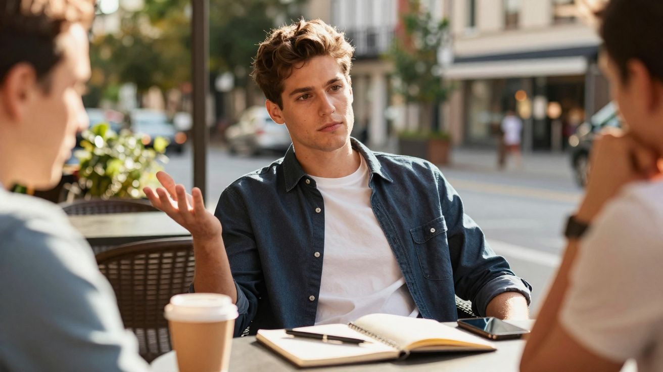 Jeune homme assis en terrasse, discutant avec deux personnes, carnet et téléphone sur la table.
