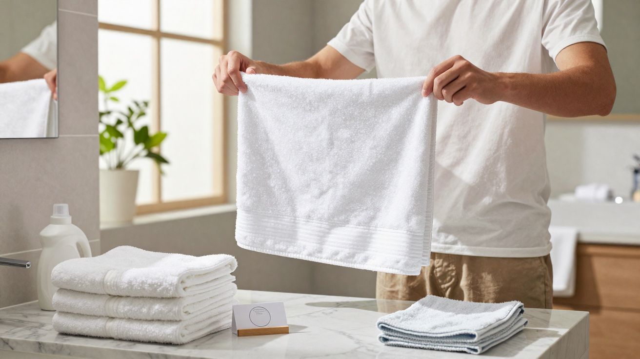Personne pliant une serviette blanche dans une salle de bain lumineuse avec plusieurs serviettes pliées sur le comptoir.