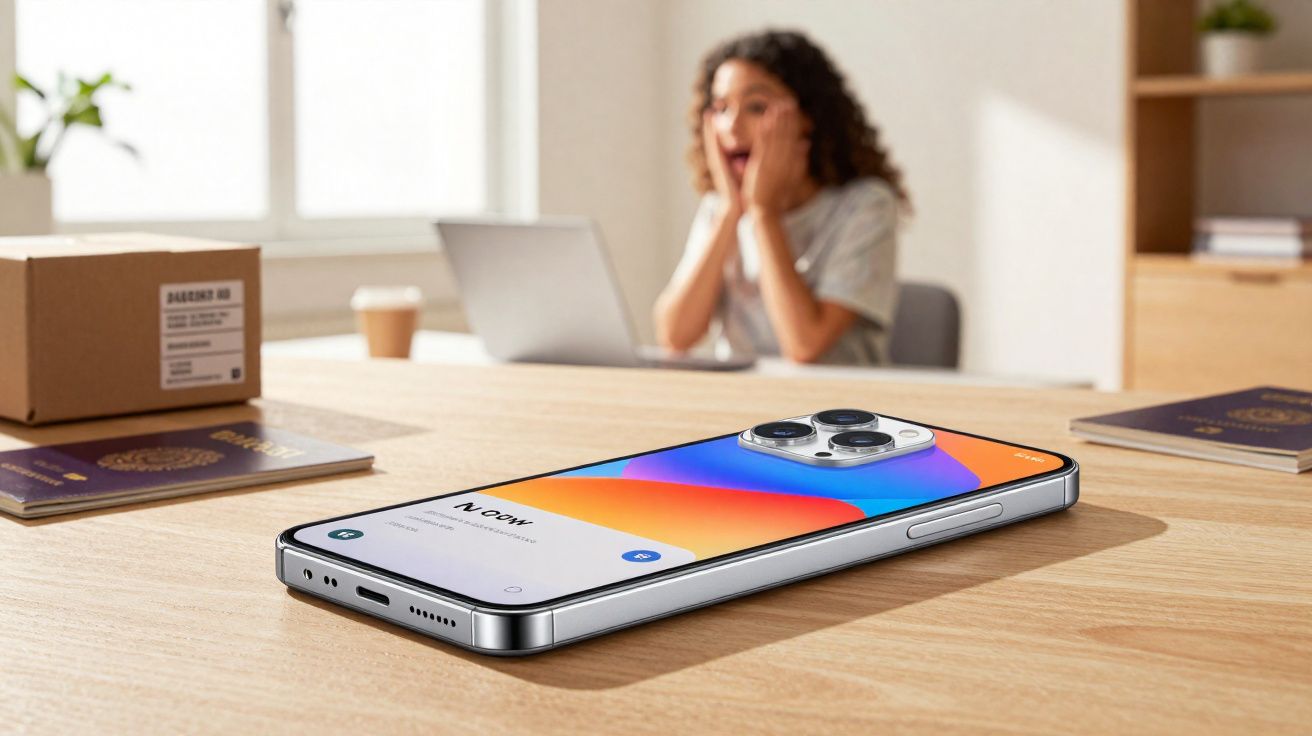 Smartphone posé sur une table avec une femme en arrière-plan exprimant la surprise en ouvrant la bouche.