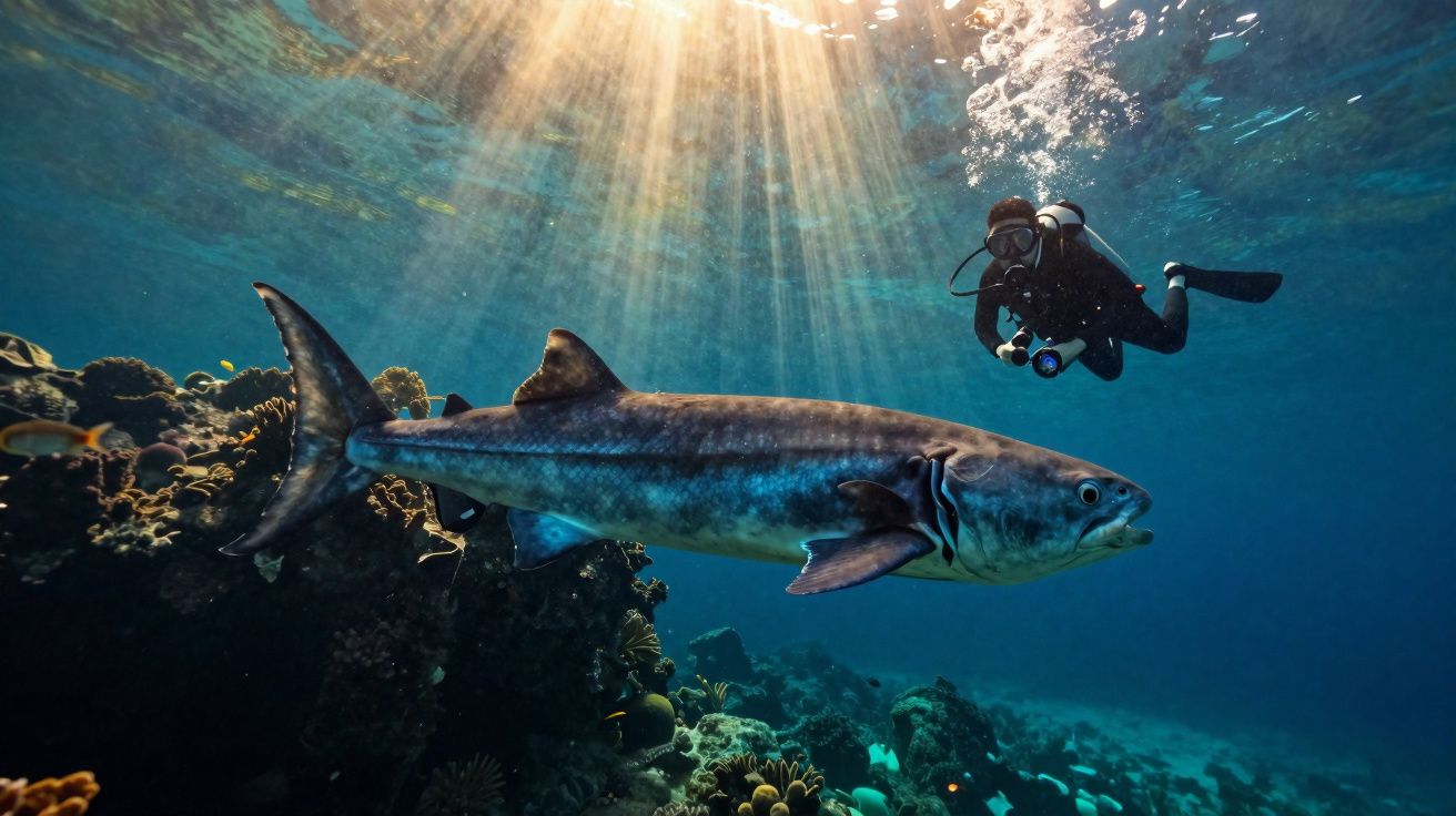 Plongeur observe un grand poisson nageant près d’un récif corallien sous une lumière du soleil diffuse.