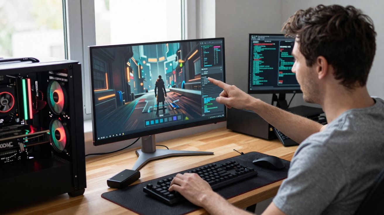 Homme travaillant sur un ordinateur avec un jeu vidéo et du code affichés sur deux écrans dans un bureau lumineux.