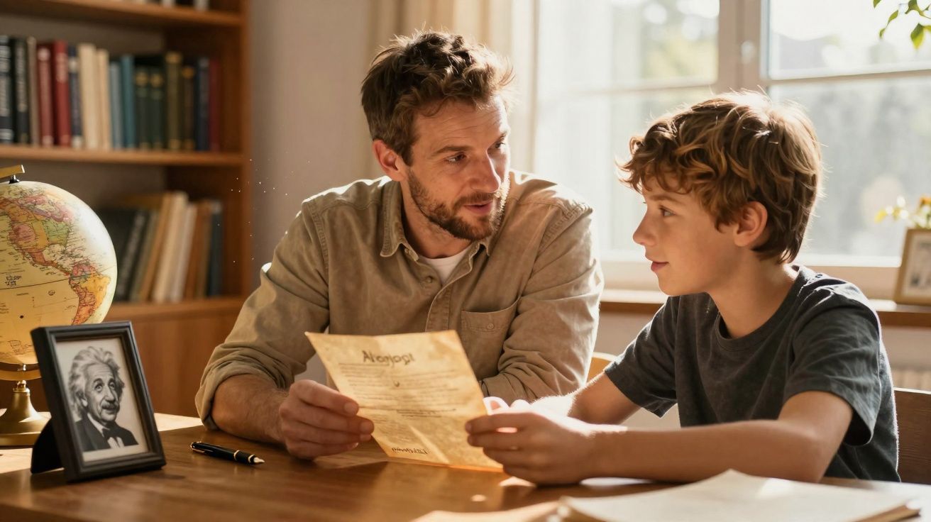Un père et son fils discutent autour d'une table avec une feuille, dans une pièce lumineuse et accueillante.