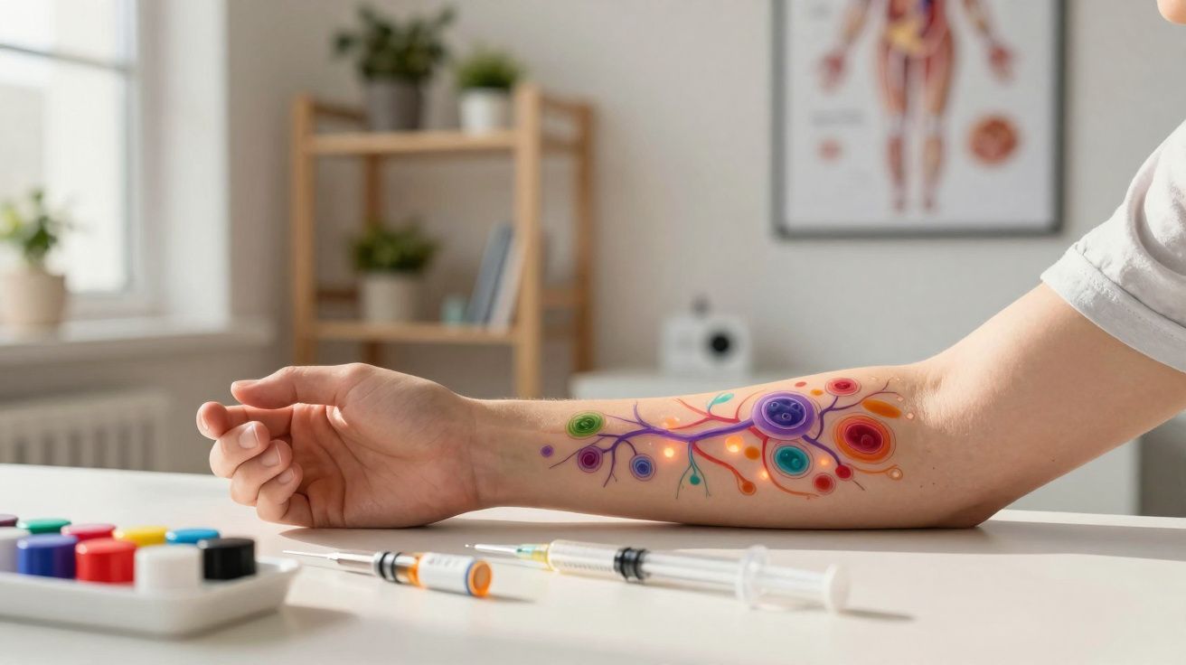 Bras allongé avec un dessin coloré de vaisseaux sanguins, seringues et peinture en arrière-plan.