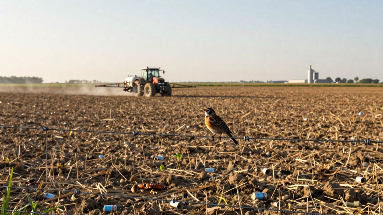 Un oiseau perché sur un fil barbelé devant un tracteur travaillant un champ à l'horizon.
