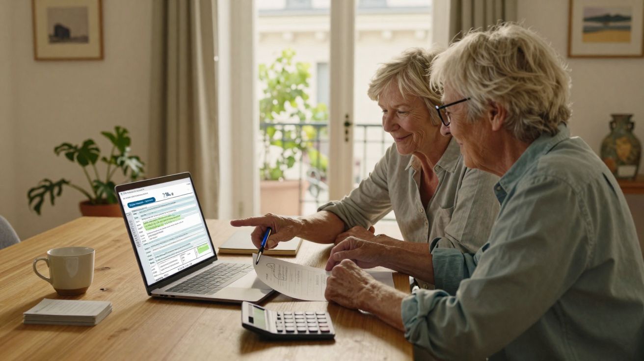 Couple senior souriant utilisant un ordinateur portable pour gérer des documents et finances à la maison.